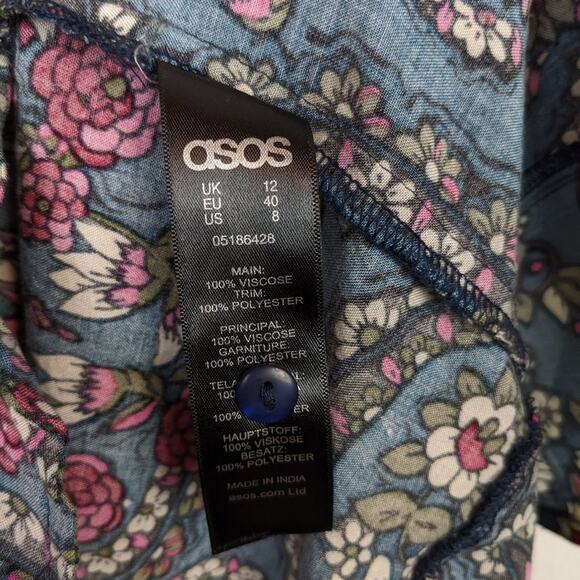 ASOS Blue Floral Paisley Print Button Long Sleeve Dress - Picture 6 of 6